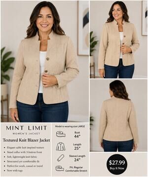 🆕Mint Limit Women’s L Beige Cable Knit Textured Blazer Jacket 3 Button NWT